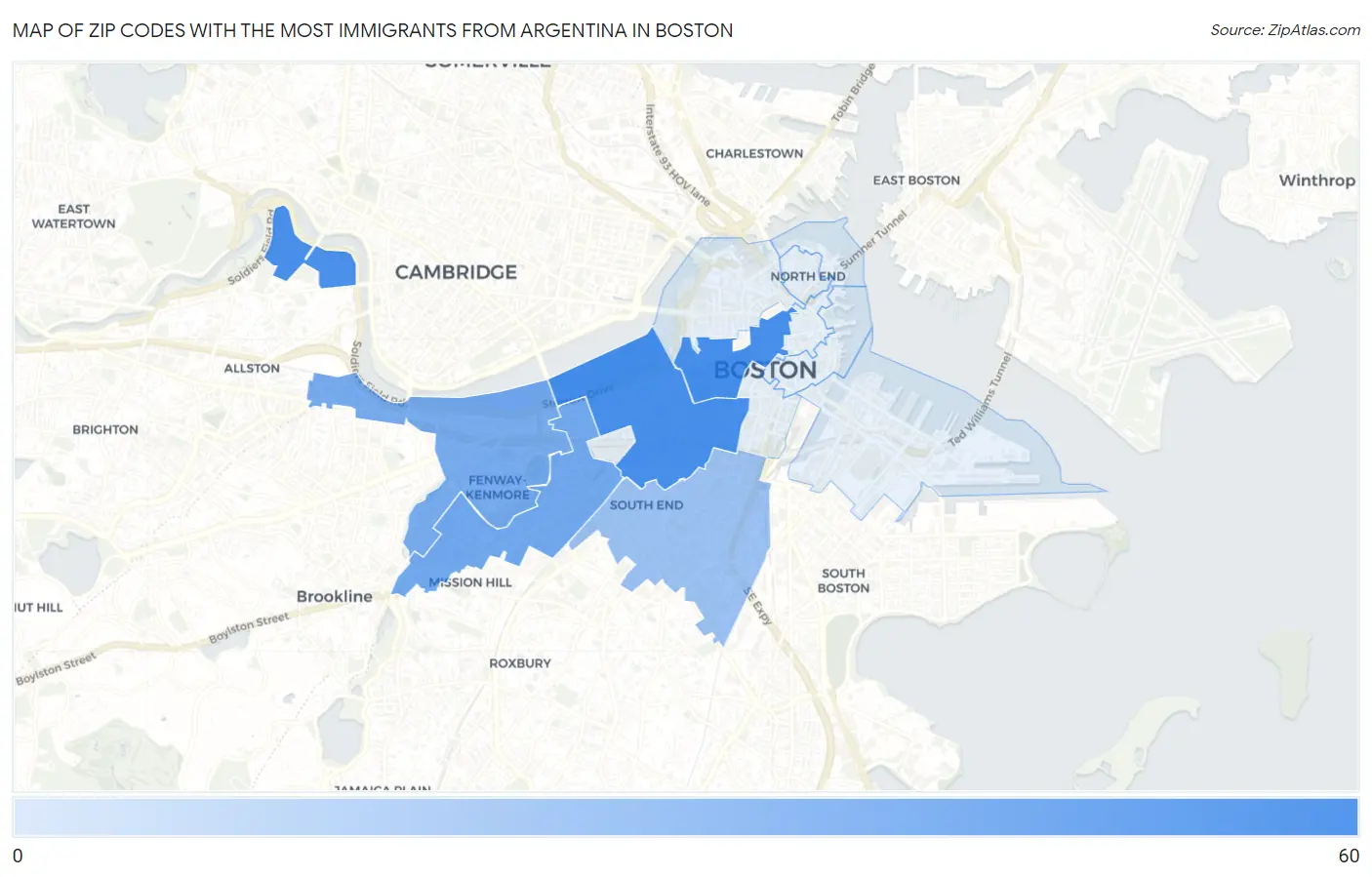Zip Codes with the Most Immigrants from Argentina in Boston Map