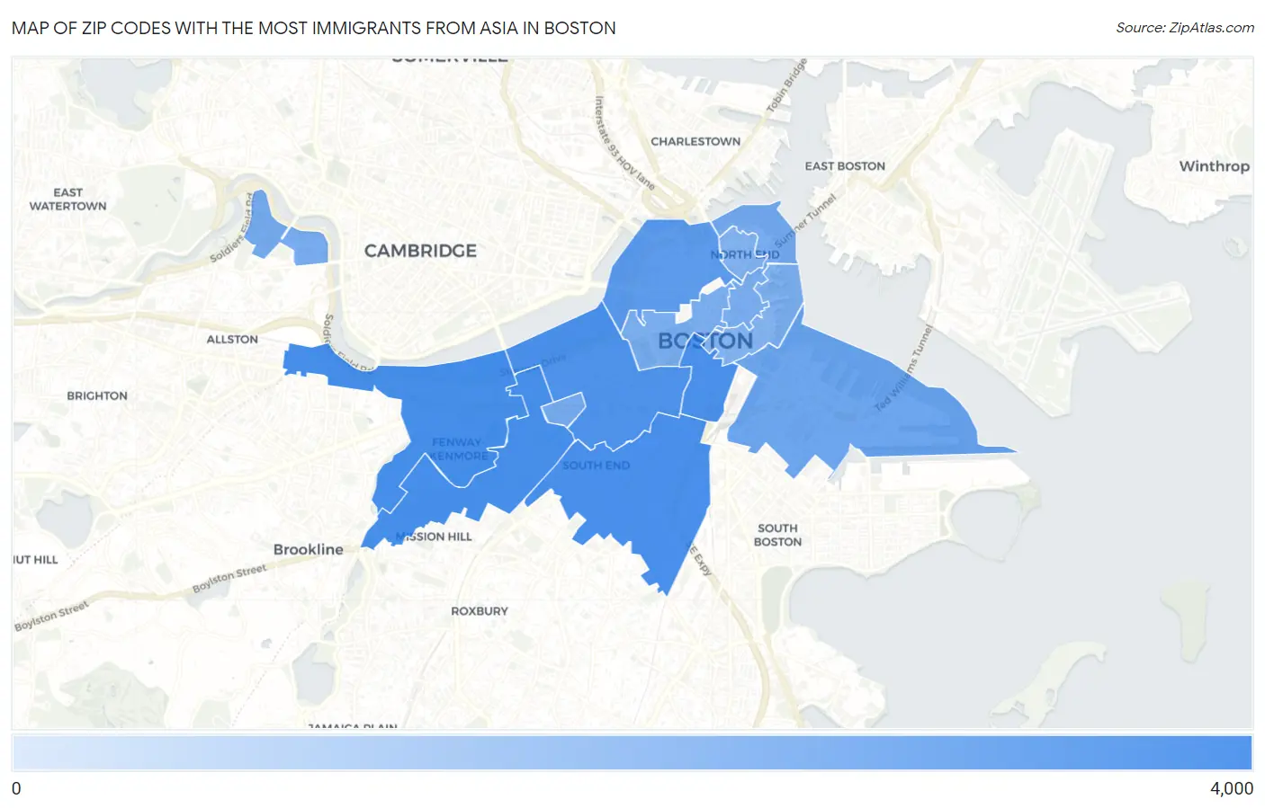 Zip Codes with the Most Immigrants from Asia in Boston Map