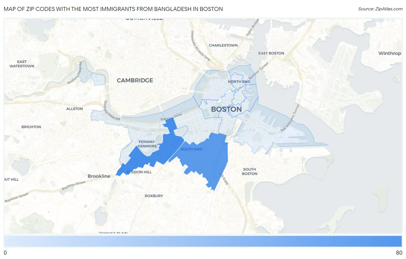 Zip Codes with the Most Immigrants from Bangladesh in Boston Map
