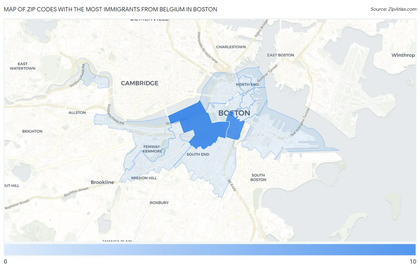 Zip Codes with the Most Immigrants from Belgium in Boston Map