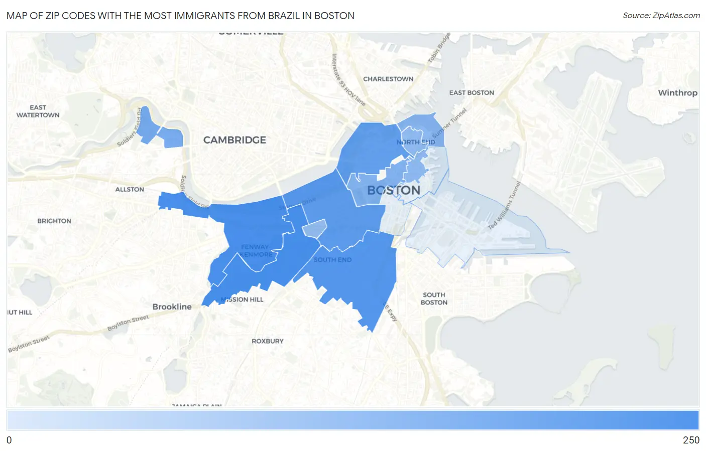 Zip Codes with the Most Immigrants from Brazil in Boston Map
