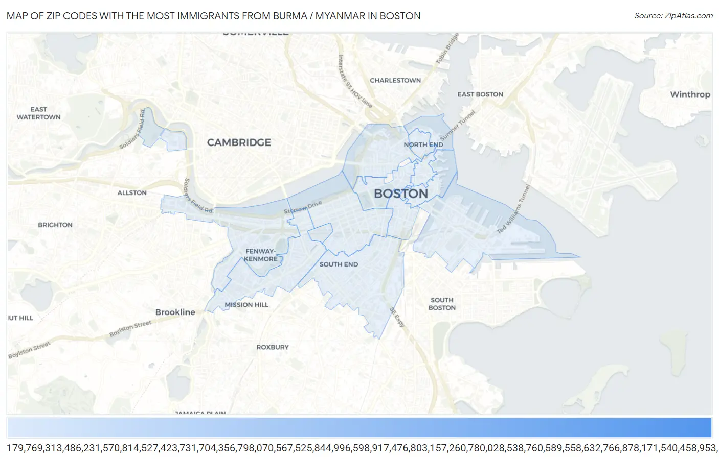 Zip Codes with the Most Immigrants from Burma / Myanmar in Boston Map