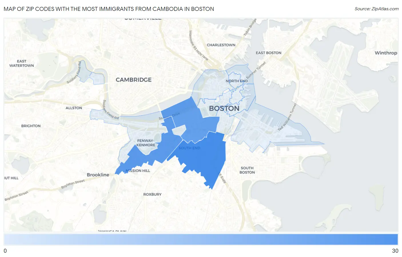 Zip Codes with the Most Immigrants from Cambodia in Boston Map