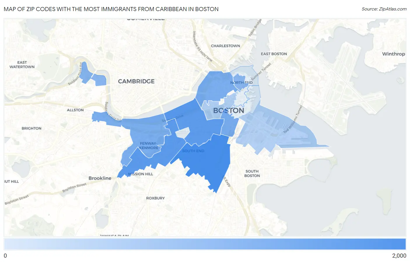 Zip Codes with the Most Immigrants from Caribbean in Boston Map