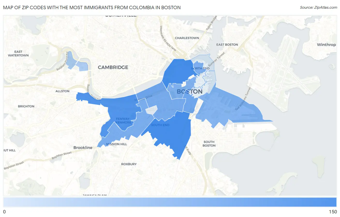 Zip Codes with the Most Immigrants from Colombia in Boston Map