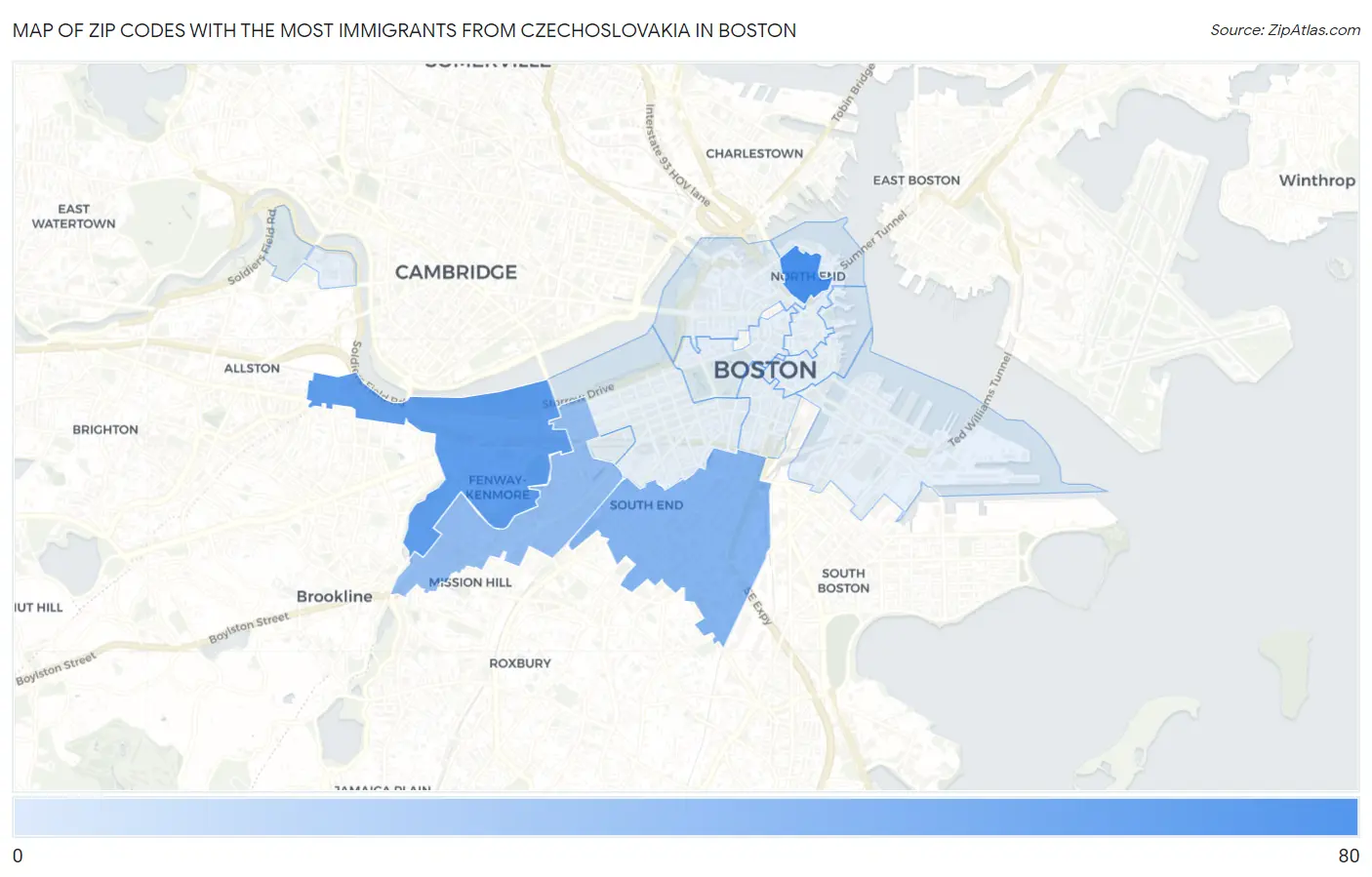 Zip Codes with the Most Immigrants from Czechoslovakia in Boston Map