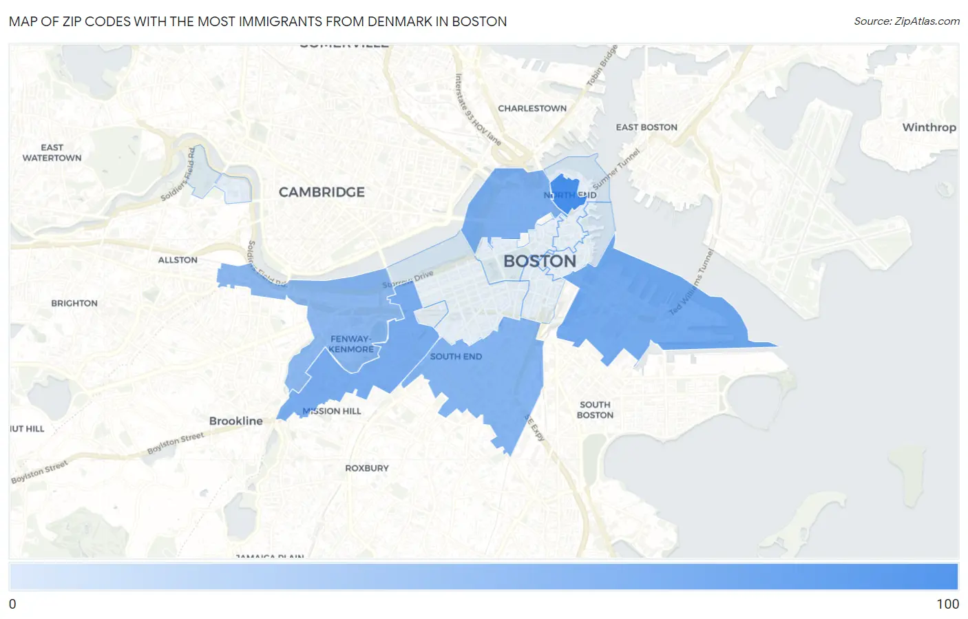 Zip Codes with the Most Immigrants from Denmark in Boston Map