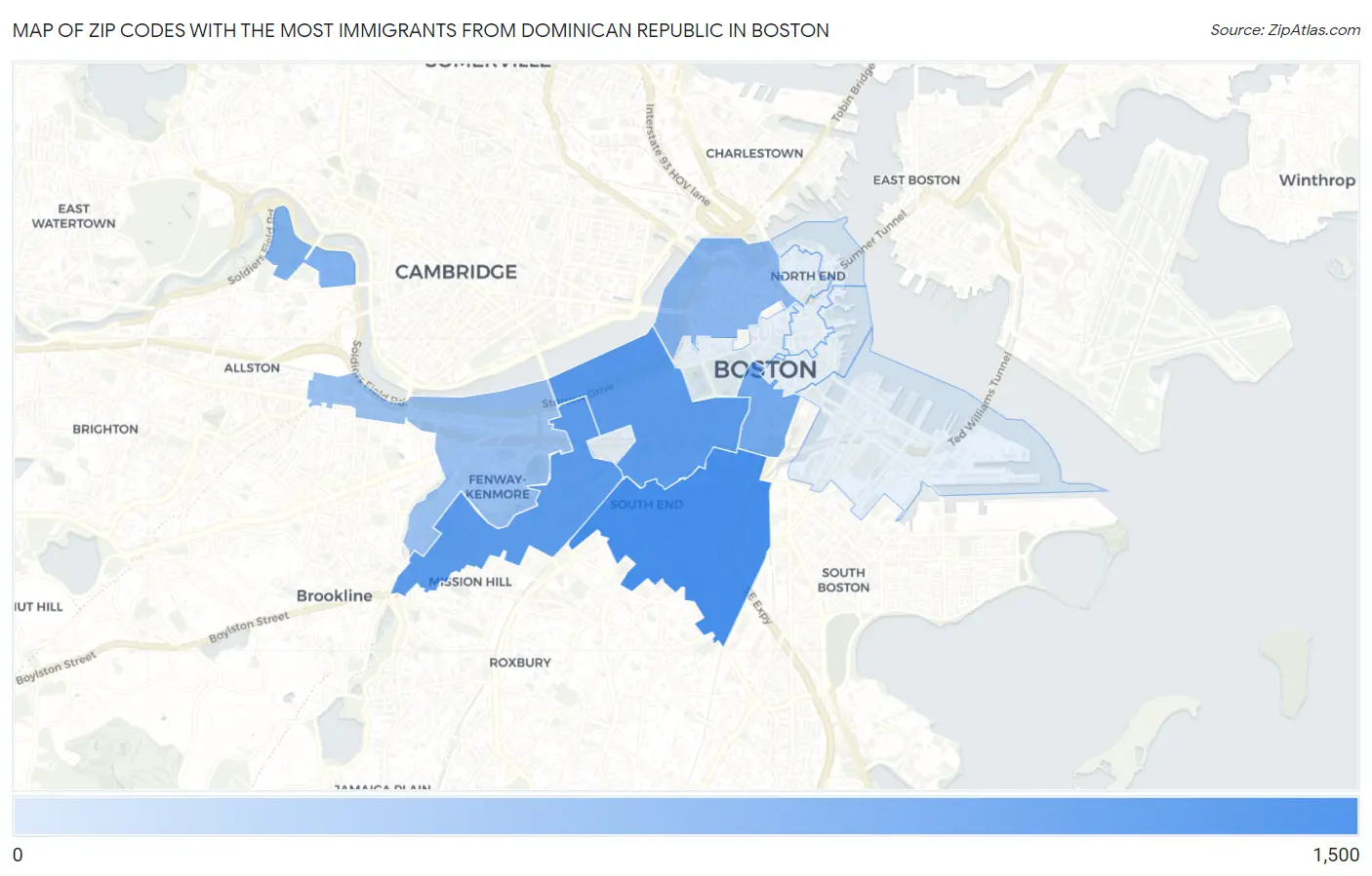Zip Codes with the Most Immigrants from Dominican Republic in Boston Map