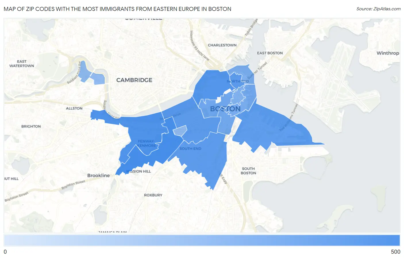 Zip Codes with the Most Immigrants from Eastern Europe in Boston Map