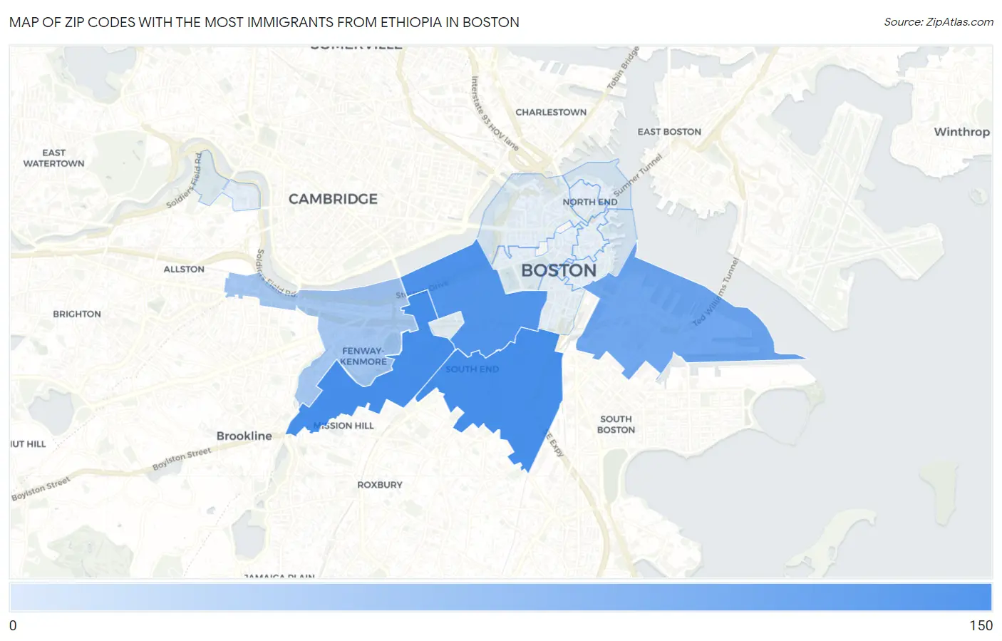 Zip Codes with the Most Immigrants from Ethiopia in Boston Map