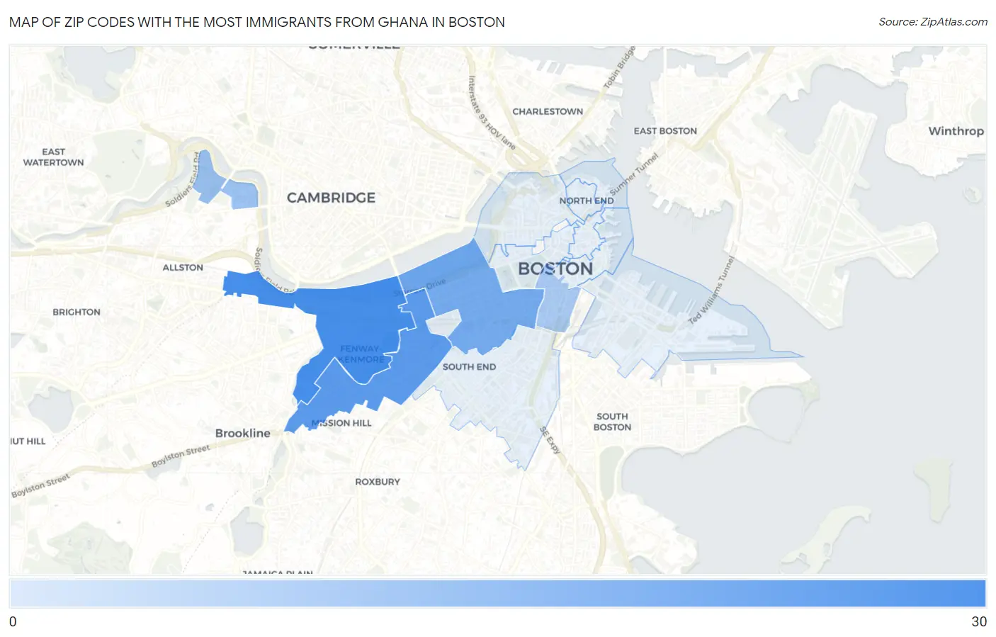 Zip Codes with the Most Immigrants from Ghana in Boston Map