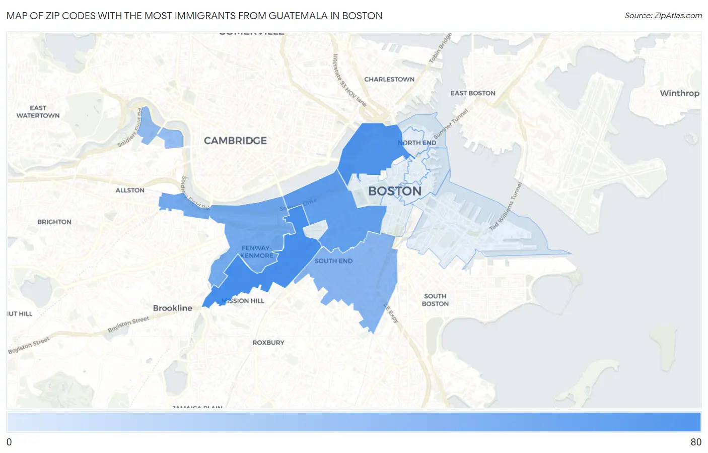 Zip Codes with the Most Immigrants from Guatemala in Boston Map