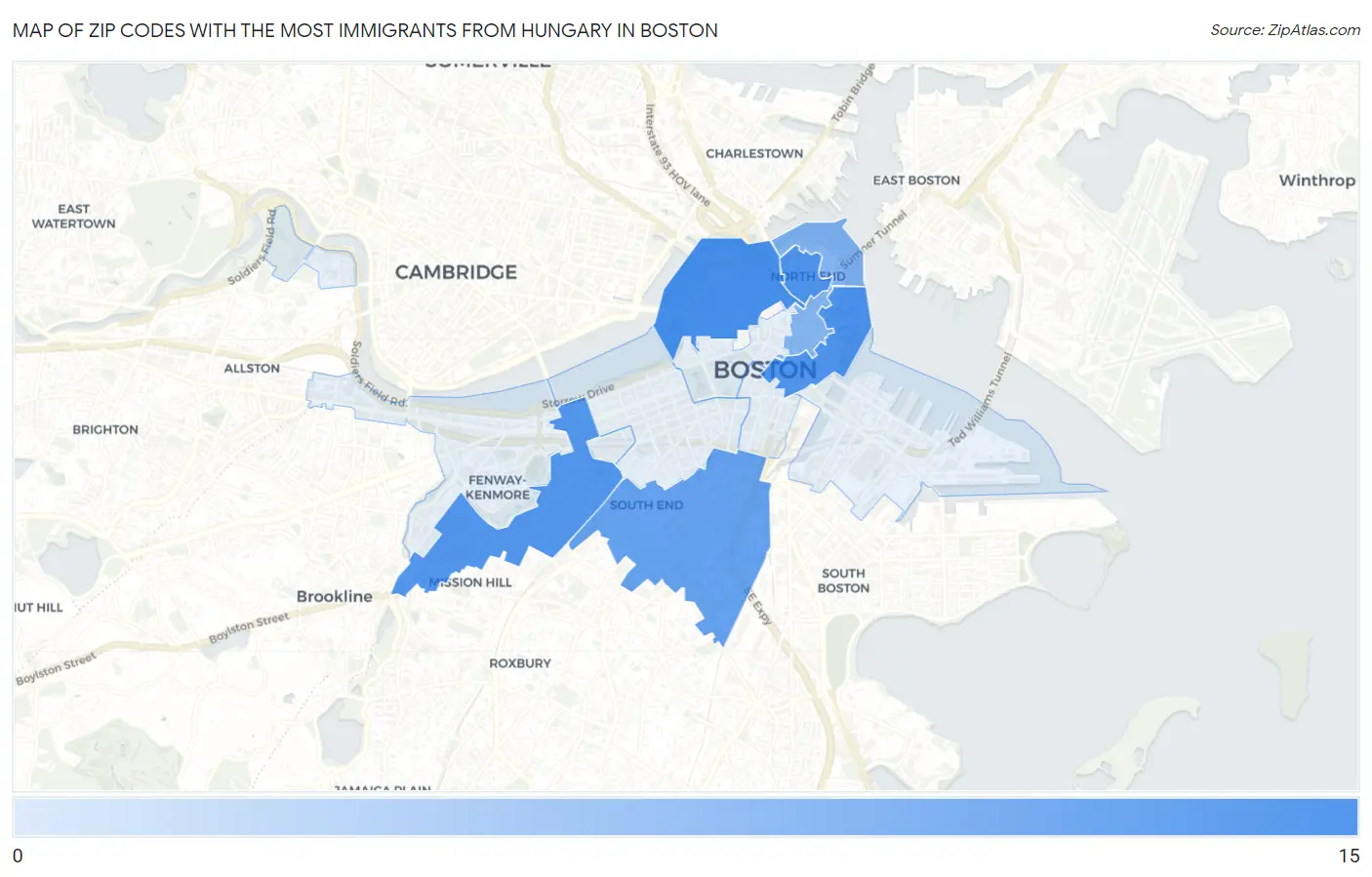 Zip Codes with the Most Immigrants from Hungary in Boston Map