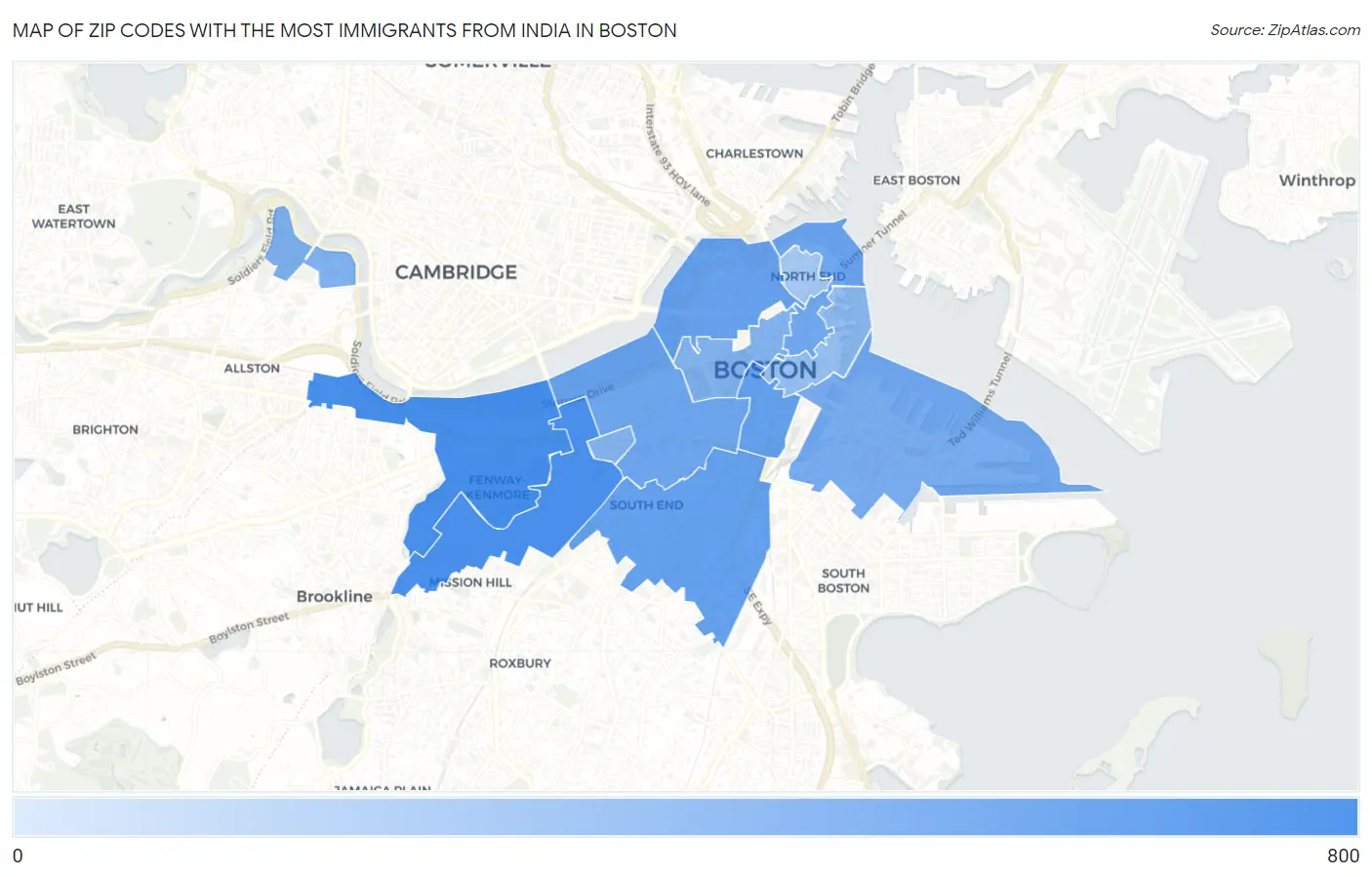 Zip Codes with the Most Immigrants from India in Boston Map