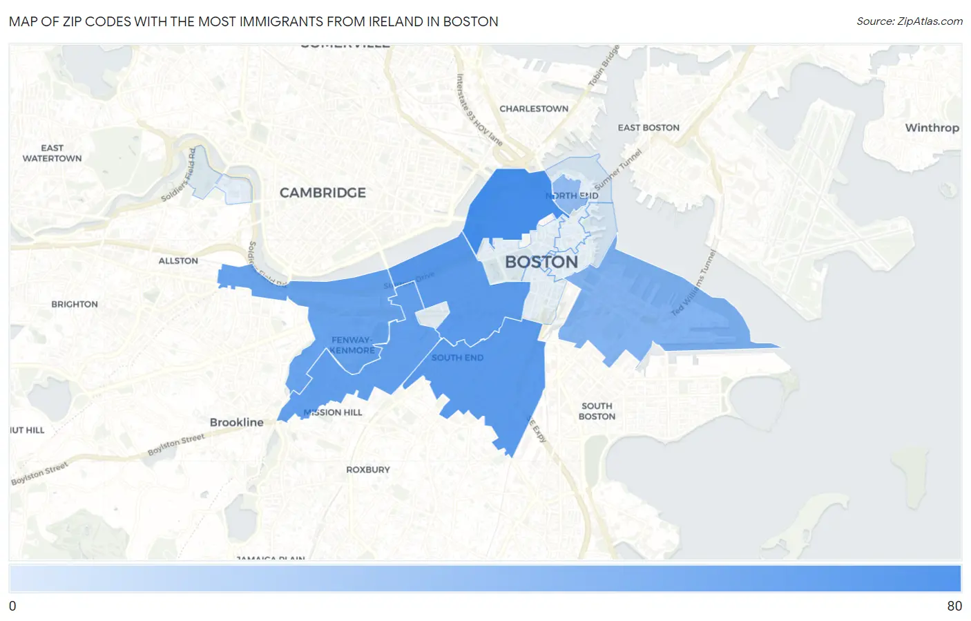 Zip Codes with the Most Immigrants from Ireland in Boston Map