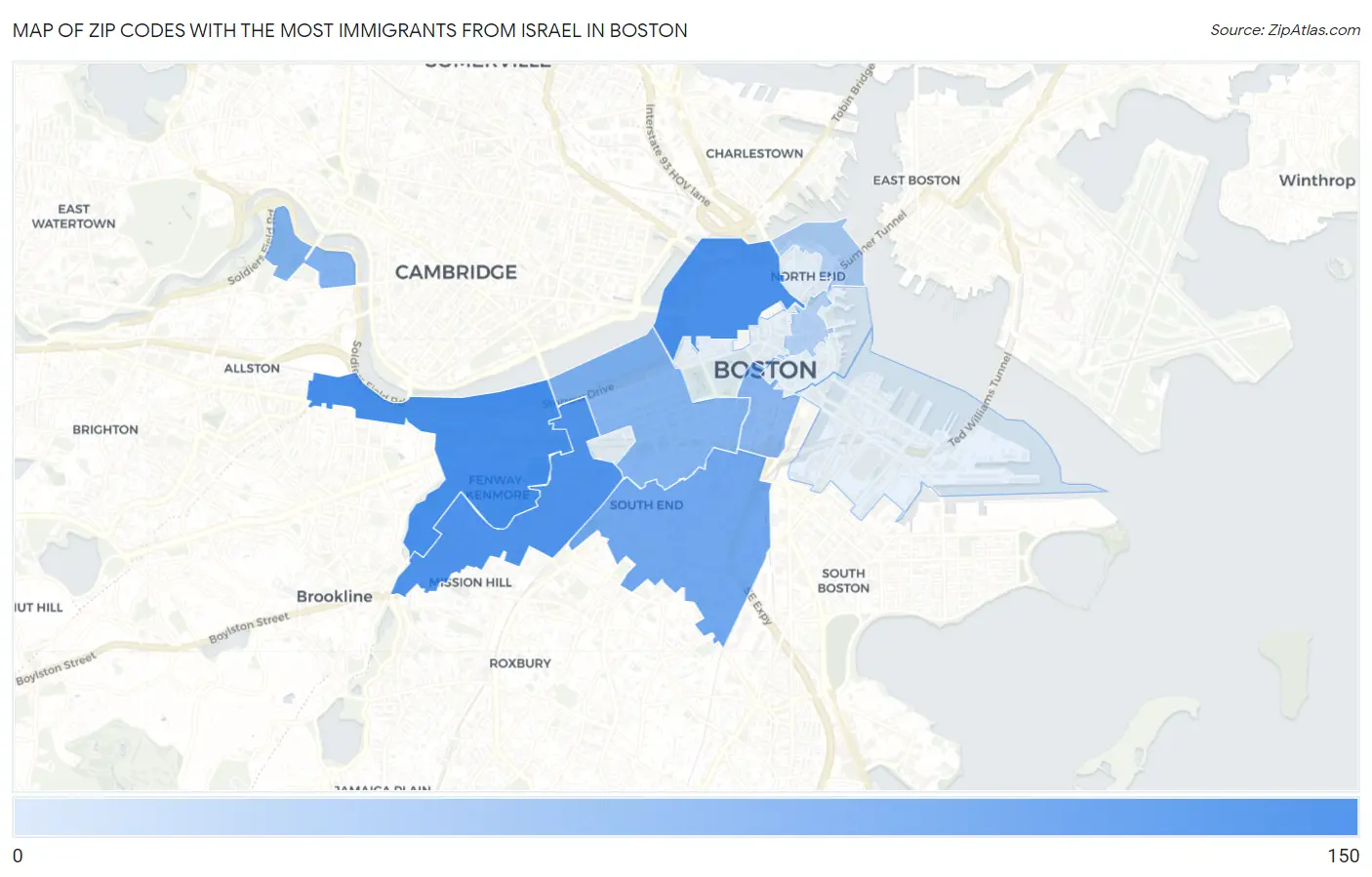 Zip Codes with the Most Immigrants from Israel in Boston Map