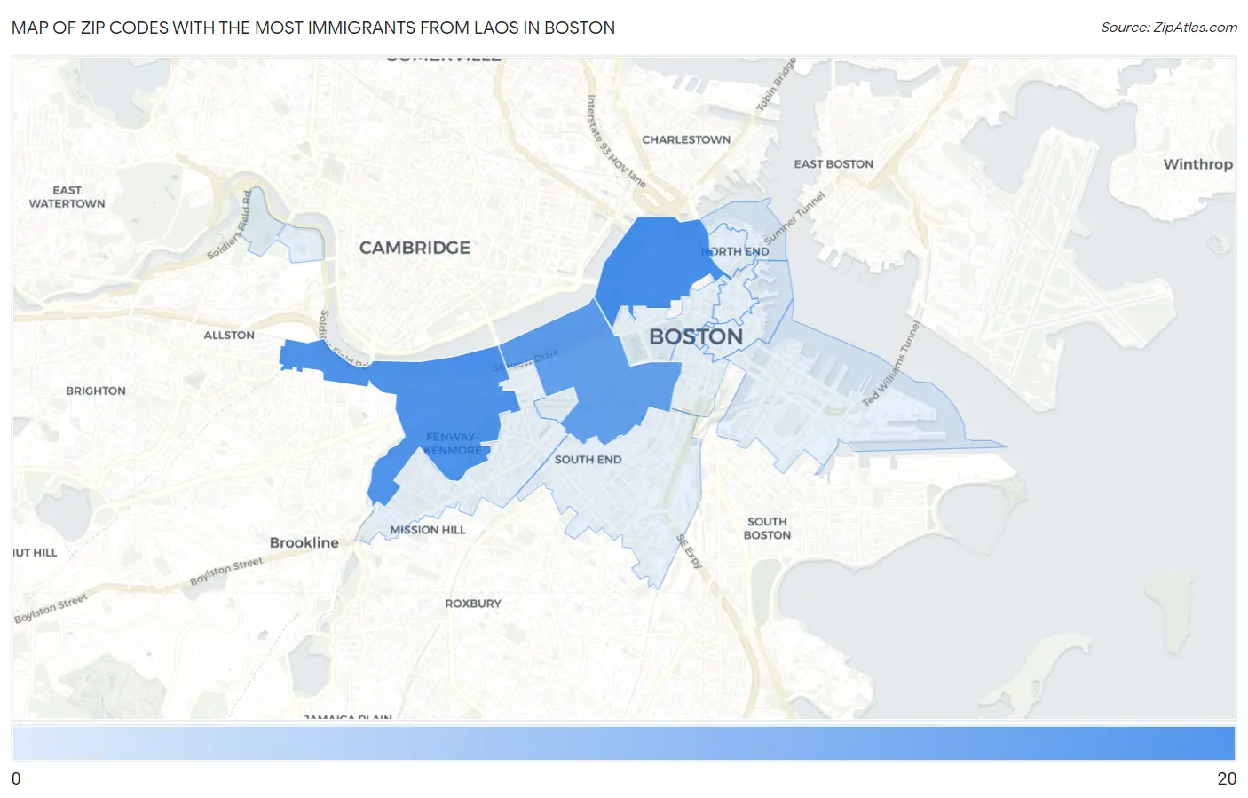Zip Codes with the Most Immigrants from Laos in Boston Map