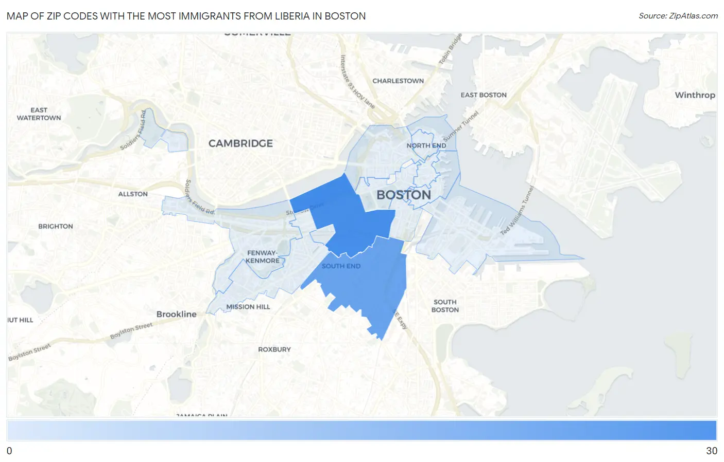 Zip Codes with the Most Immigrants from Liberia in Boston Map