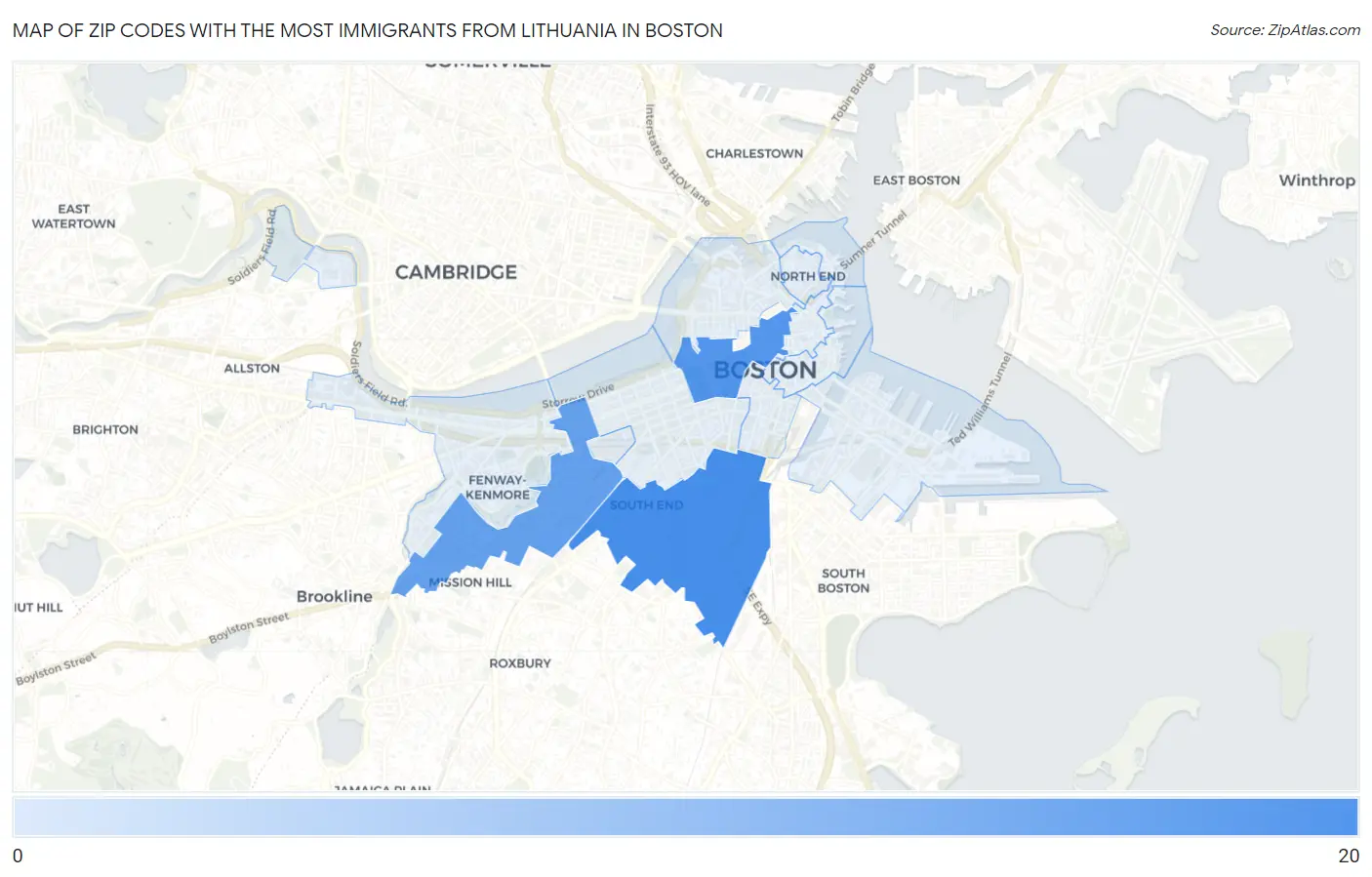 Zip Codes with the Most Immigrants from Lithuania in Boston Map