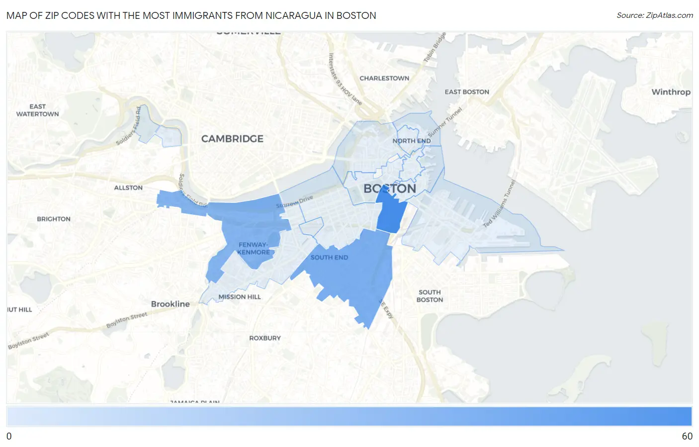 Zip Codes with the Most Immigrants from Nicaragua in Boston Map