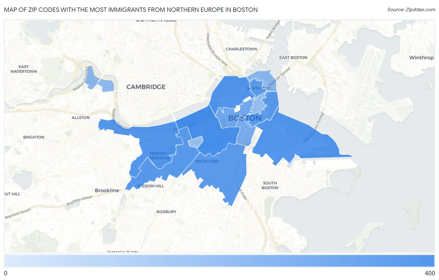 Zip Codes with the Most Immigrants from Northern Europe in Boston Map