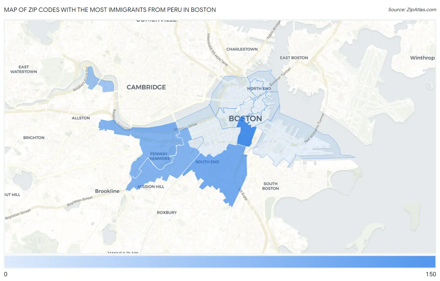 Zip Codes with the Most Immigrants from Peru in Boston Map