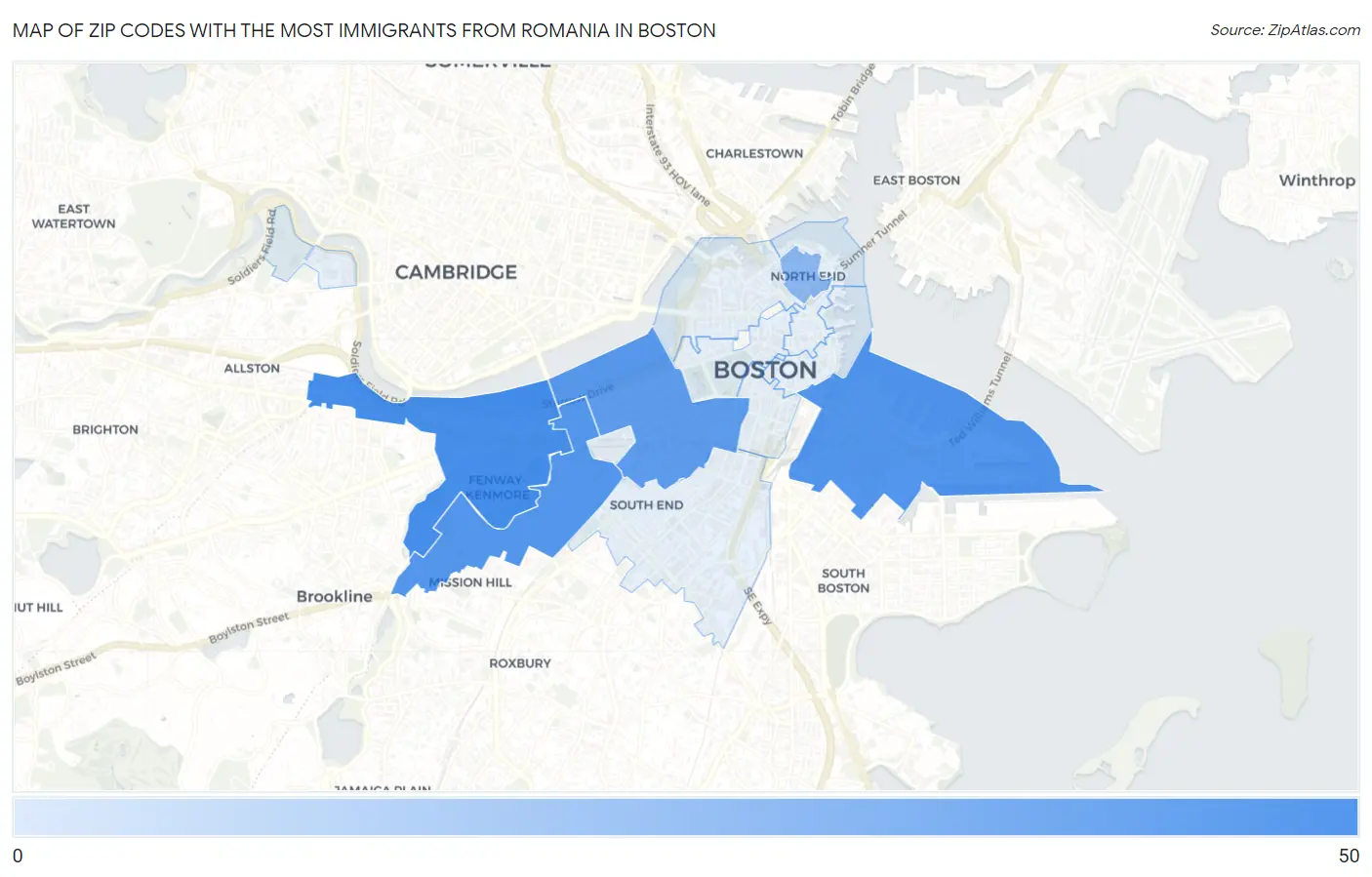 Zip Codes with the Most Immigrants from Romania in Boston Map