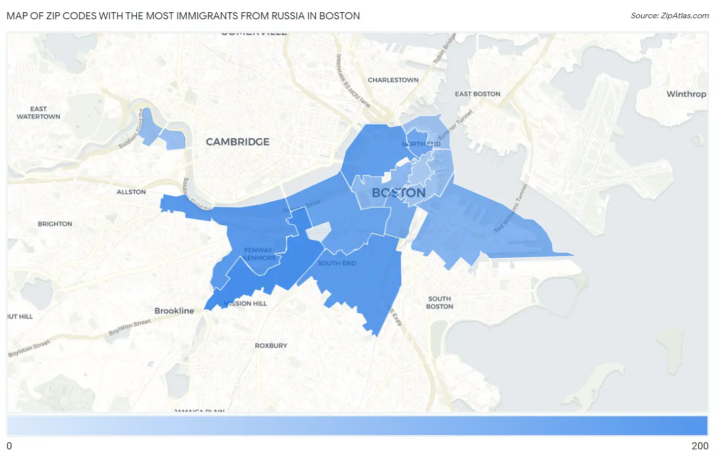 Zip Codes with the Most Immigrants from Russia in Boston Map