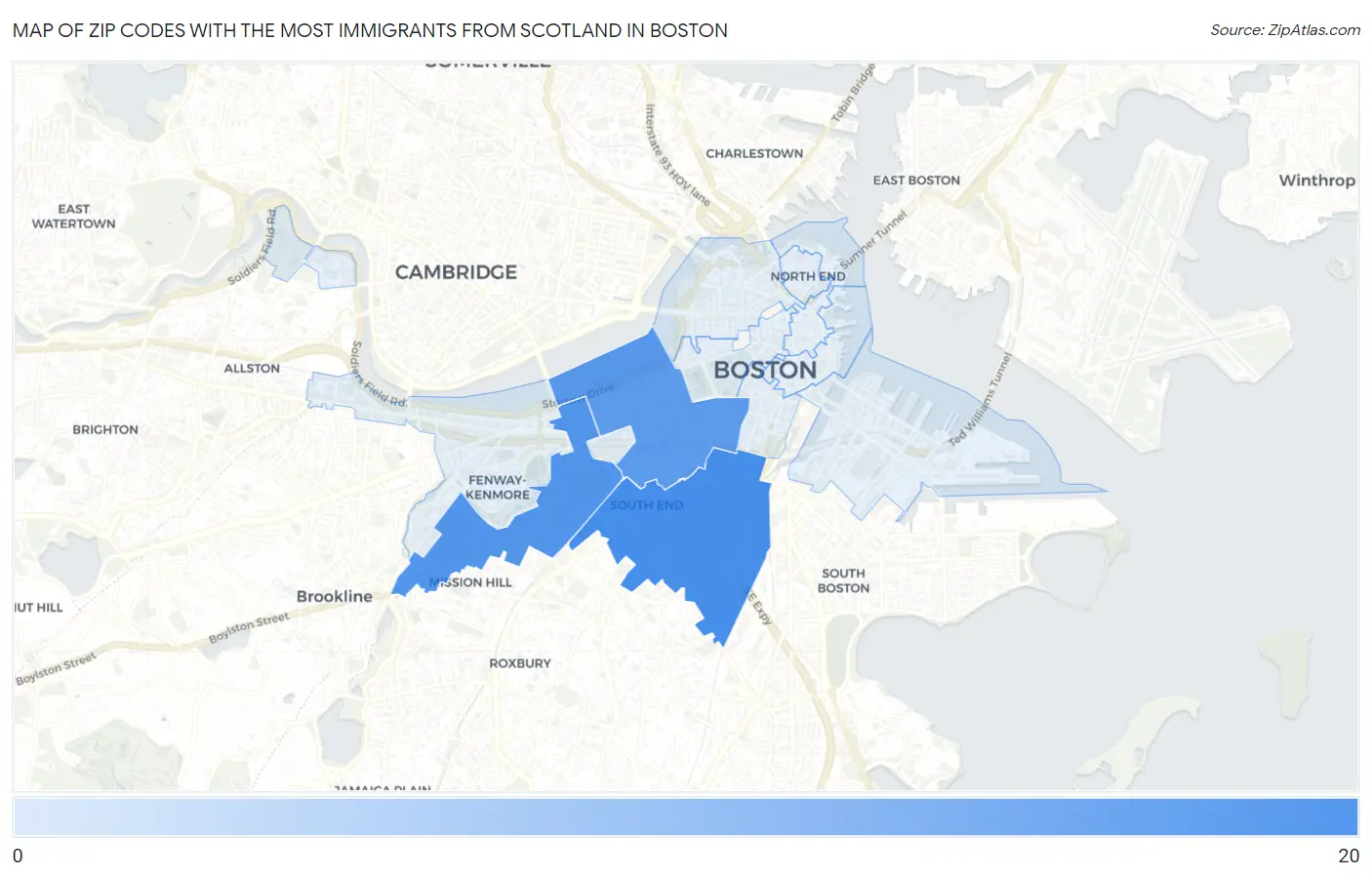Zip Codes with the Most Immigrants from Scotland in Boston Map