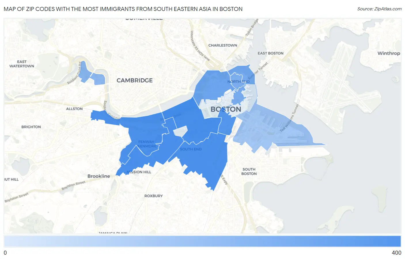 Zip Codes with the Most Immigrants from South Eastern Asia in Boston Map