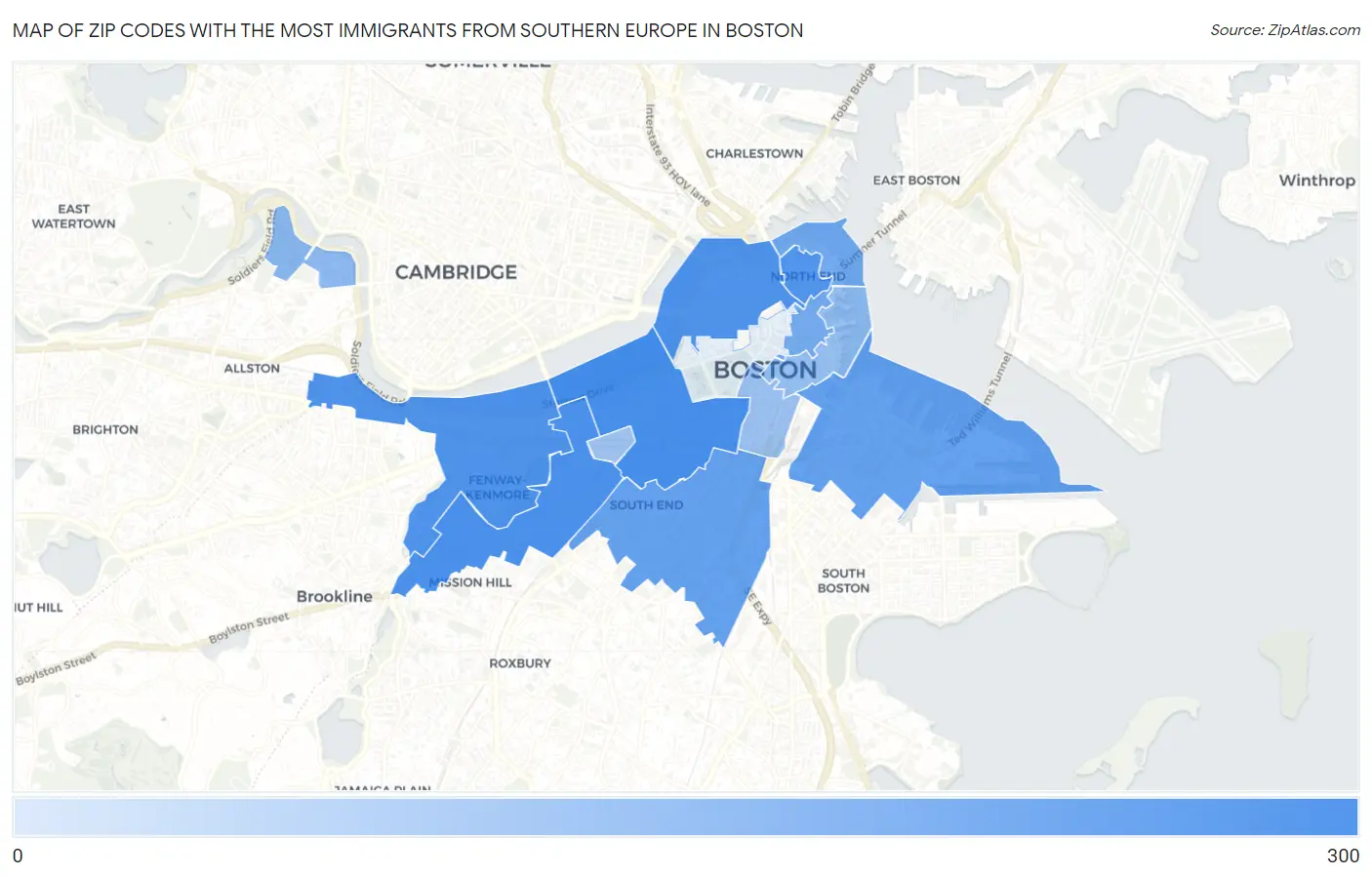 Zip Codes with the Most Immigrants from Southern Europe in Boston Map