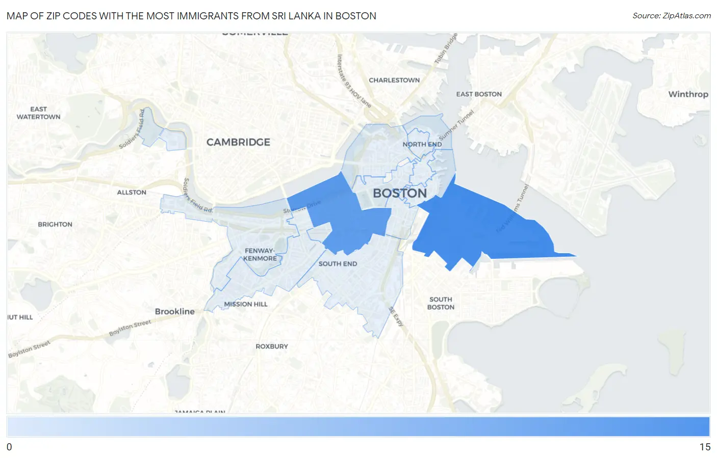 Zip Codes with the Most Immigrants from Sri Lanka in Boston Map