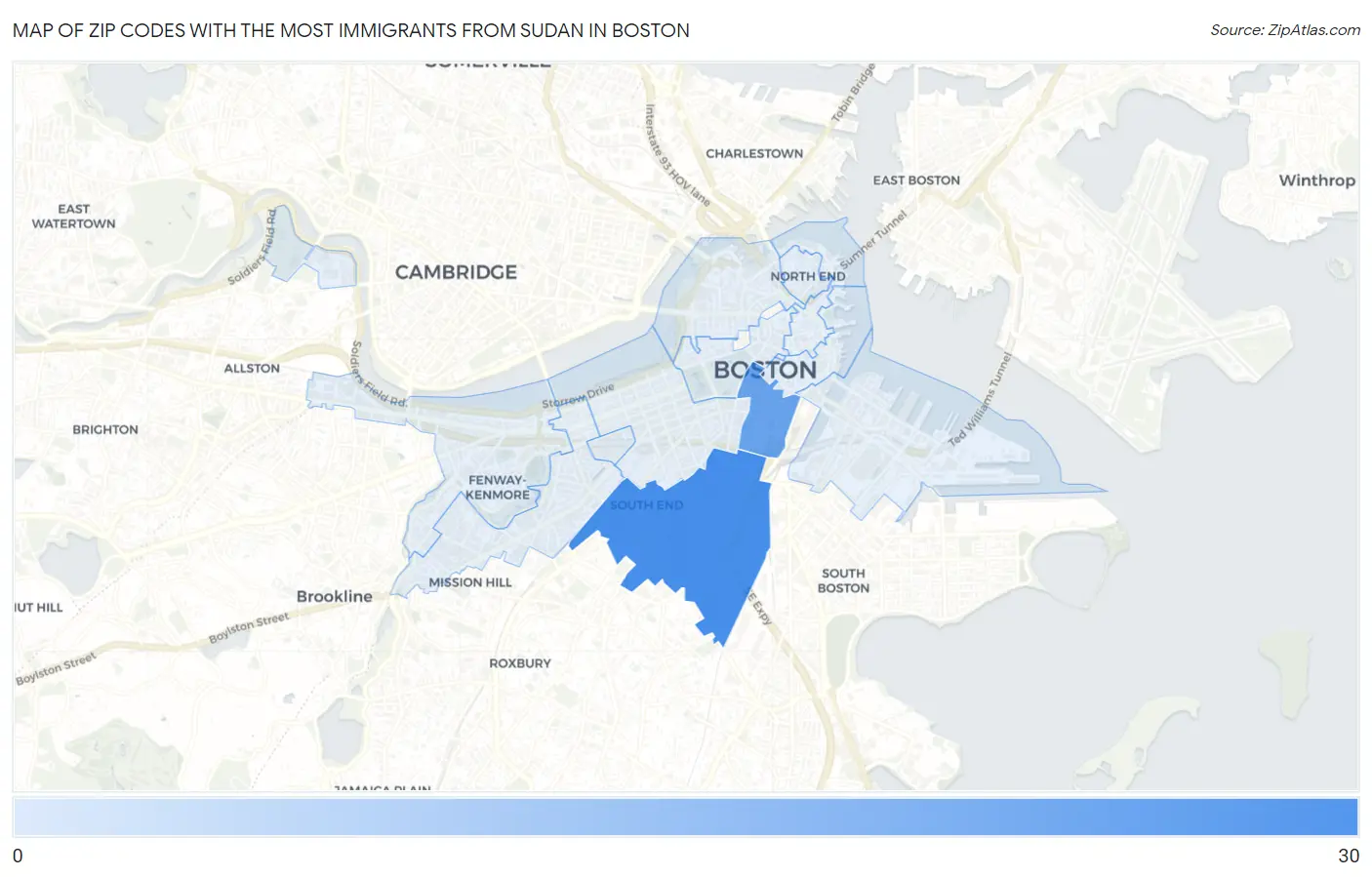 Zip Codes with the Most Immigrants from Sudan in Boston Map