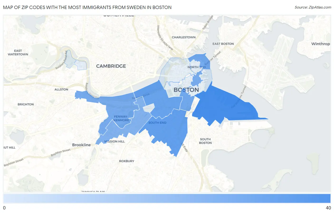 Zip Codes with the Most Immigrants from Sweden in Boston Map