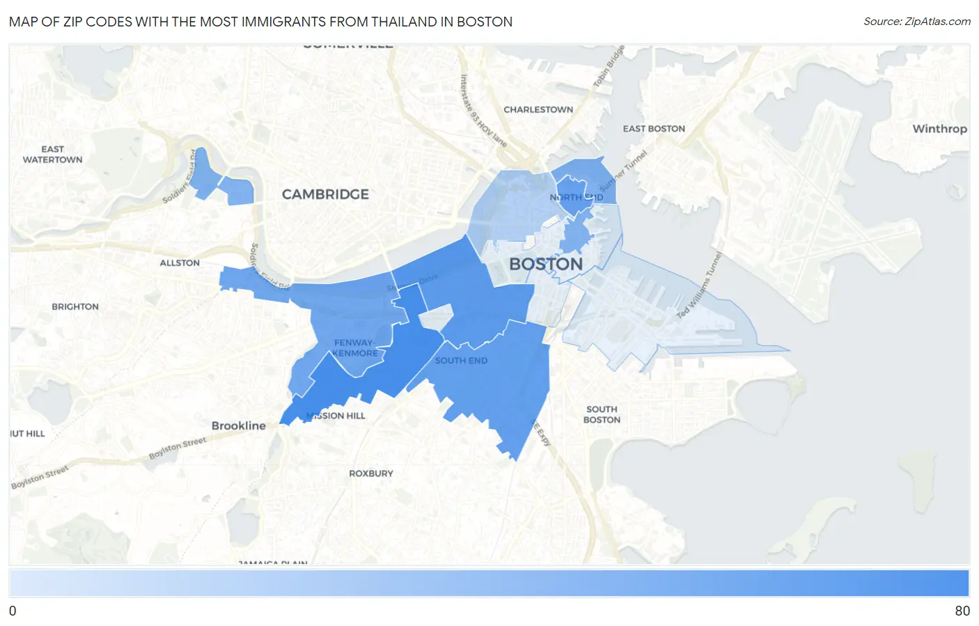 Zip Codes with the Most Immigrants from Thailand in Boston Map