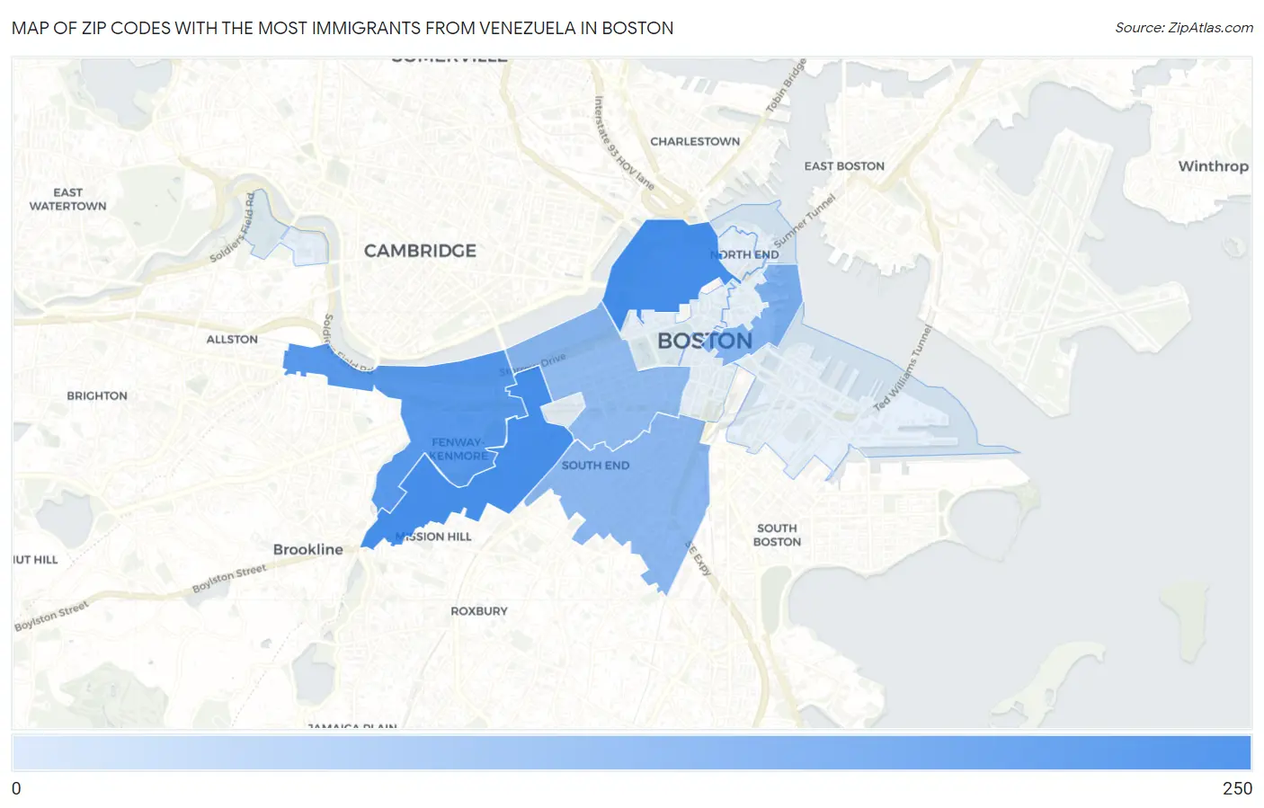 Zip Codes with the Most Immigrants from Venezuela in Boston Map