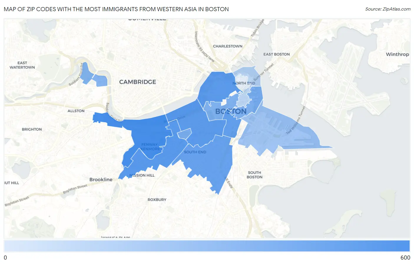 Zip Codes with the Most Immigrants from Western Asia in Boston Map