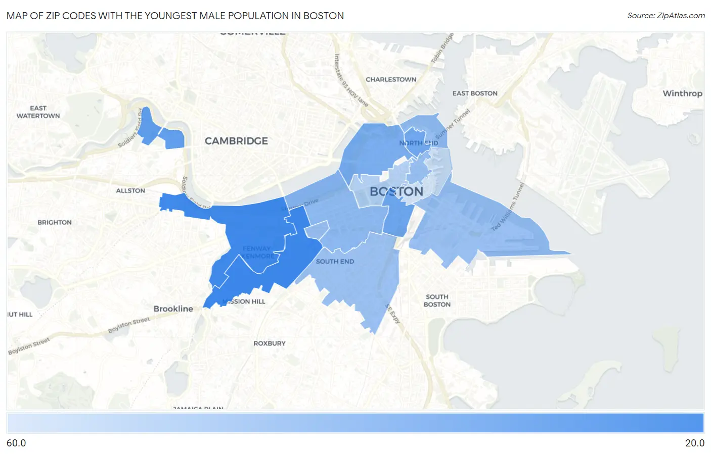 Zip Codes with the Youngest Male Population in Boston Map