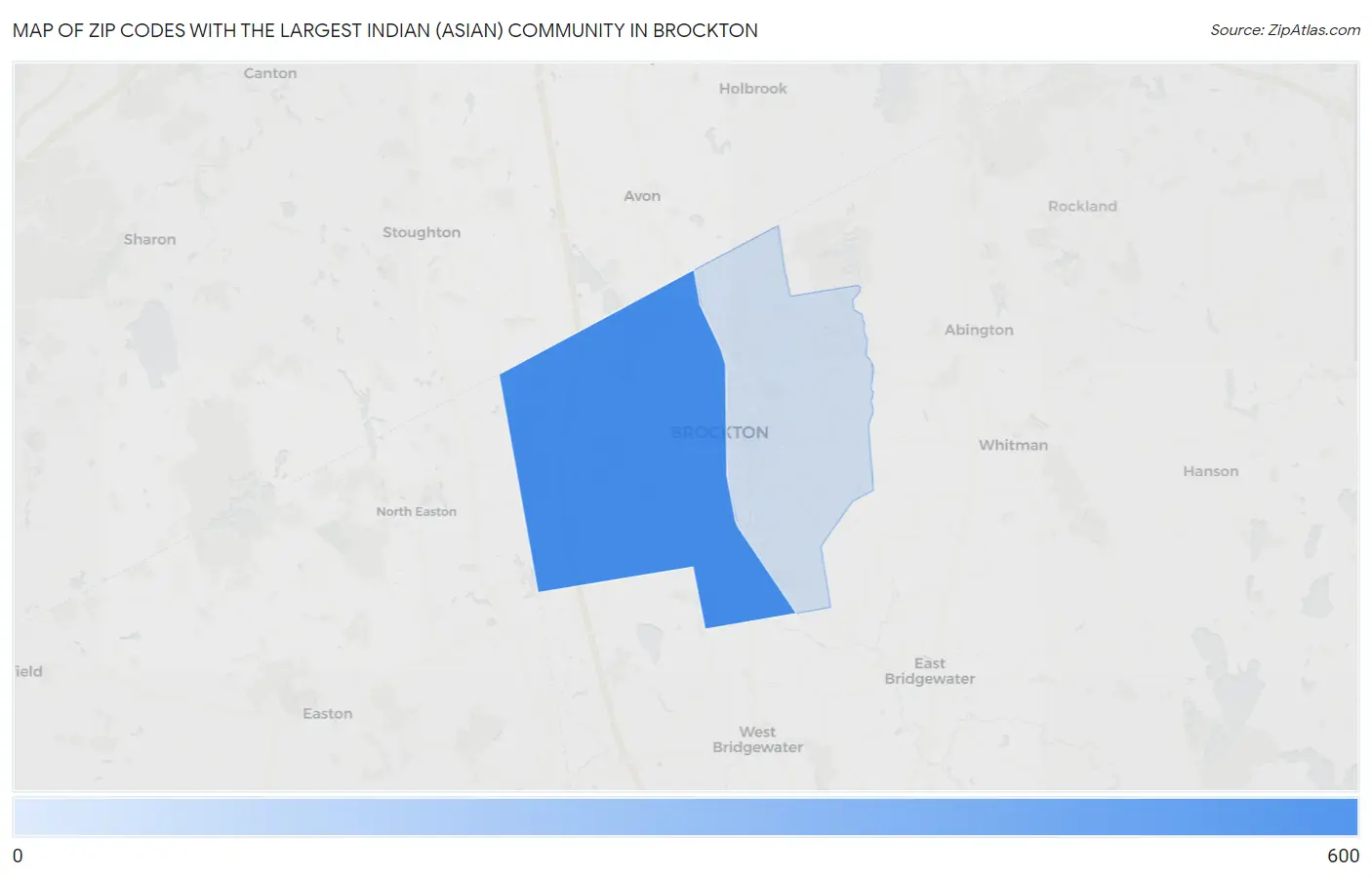 Zip Codes with the Largest Indian (Asian) Community in Brockton Map