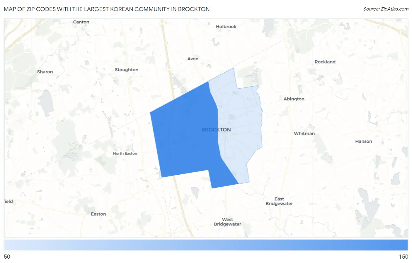 Zip Codes with the Largest Korean Community in Brockton Map