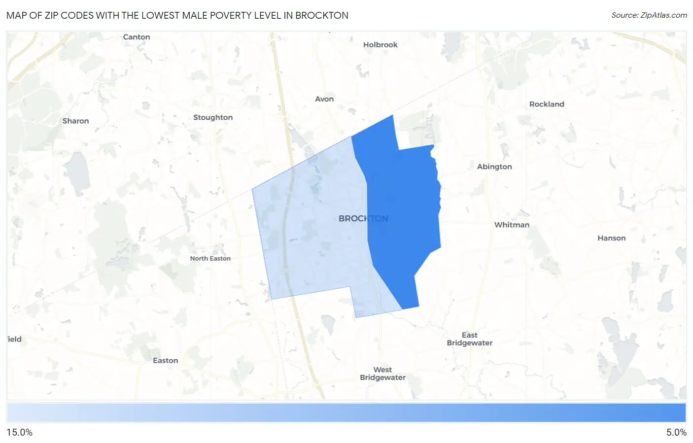 Zip Codes with the Lowest Male Poverty Level in Brockton Map