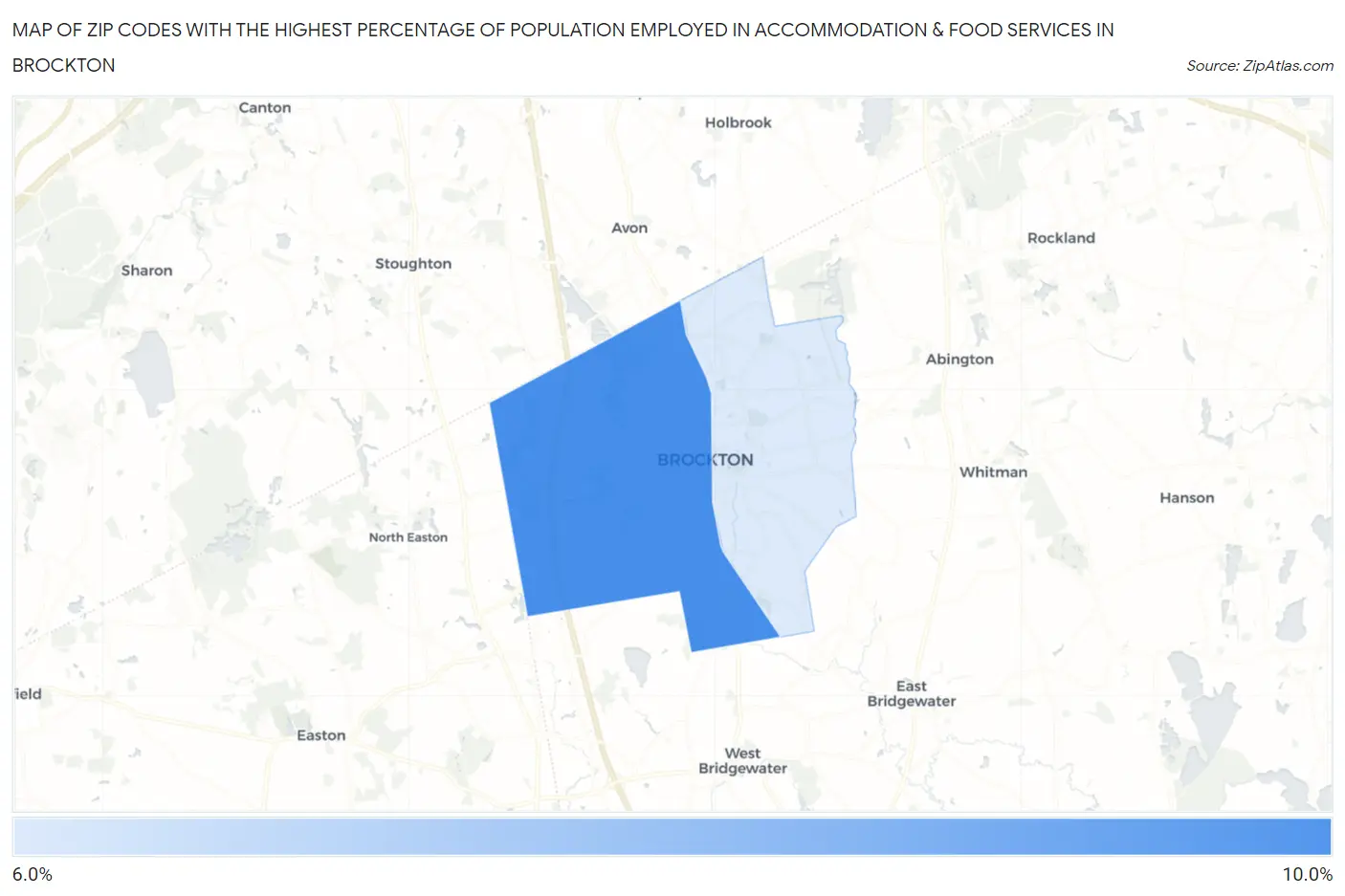 Zip Codes with the Highest Percentage of Population Employed in Accommodation & Food Services in Brockton Map