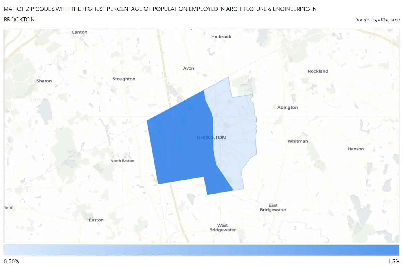 Zip Codes with the Highest Percentage of Population Employed in Architecture & Engineering in Brockton Map