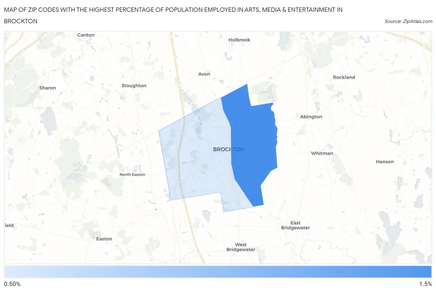 Zip Codes with the Highest Percentage of Population Employed in Arts, Media & Entertainment in Brockton Map