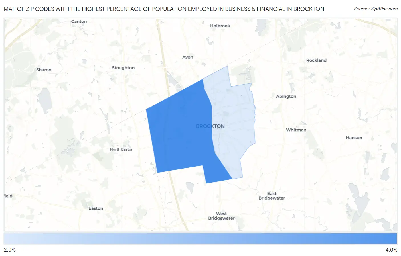Zip Codes with the Highest Percentage of Population Employed in Business & Financial in Brockton Map