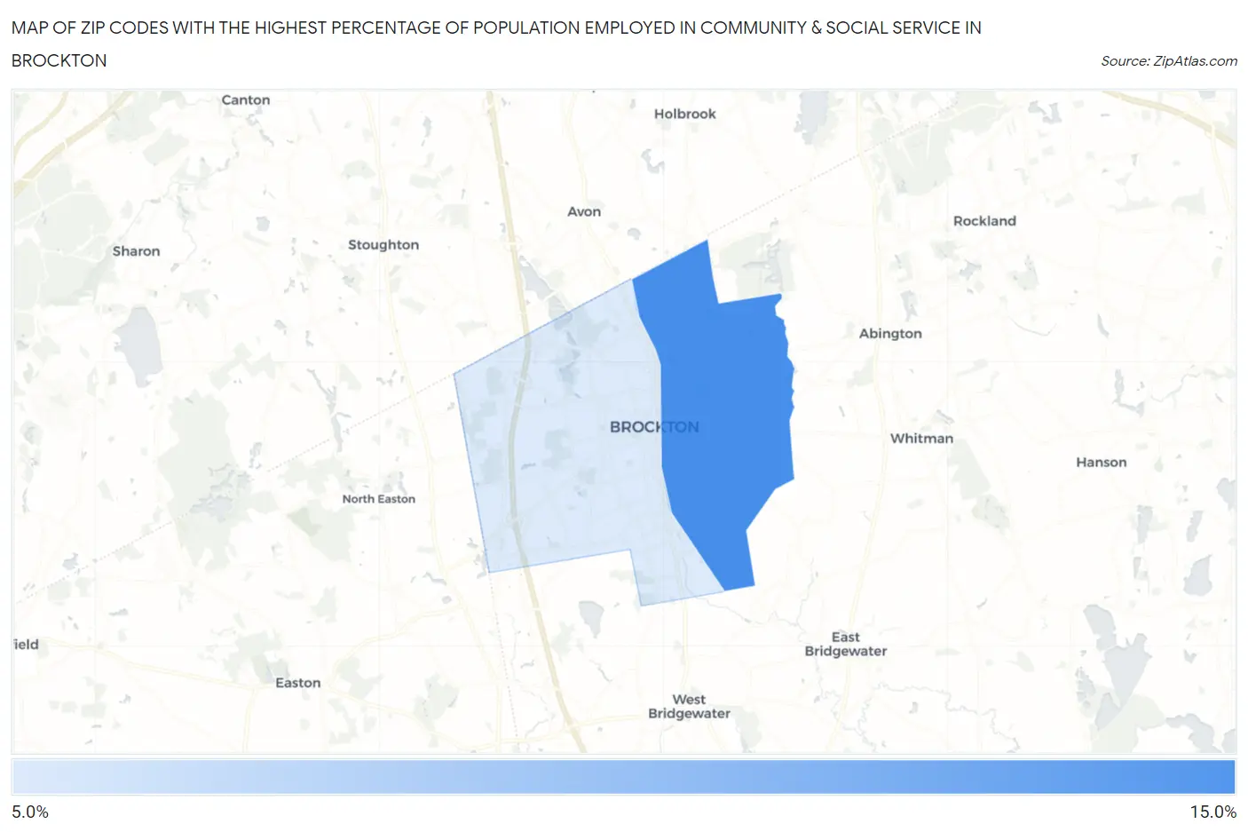 Zip Codes with the Highest Percentage of Population Employed in Community & Social Service  in Brockton Map