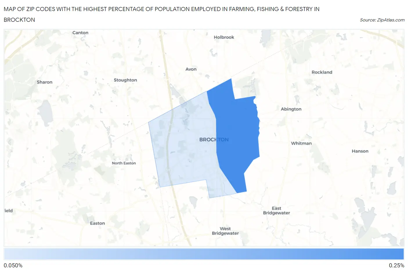Zip Codes with the Highest Percentage of Population Employed in Farming, Fishing & Forestry in Brockton Map
