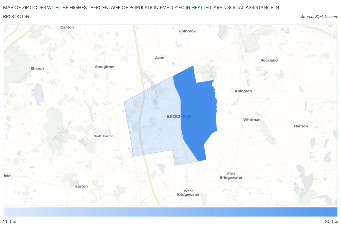 Zip Codes with the Highest Percentage of Population Employed in Health Care & Social Assistance in Brockton Map
