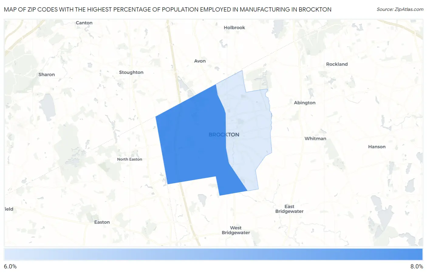 Zip Codes with the Highest Percentage of Population Employed in Manufacturing in Brockton Map