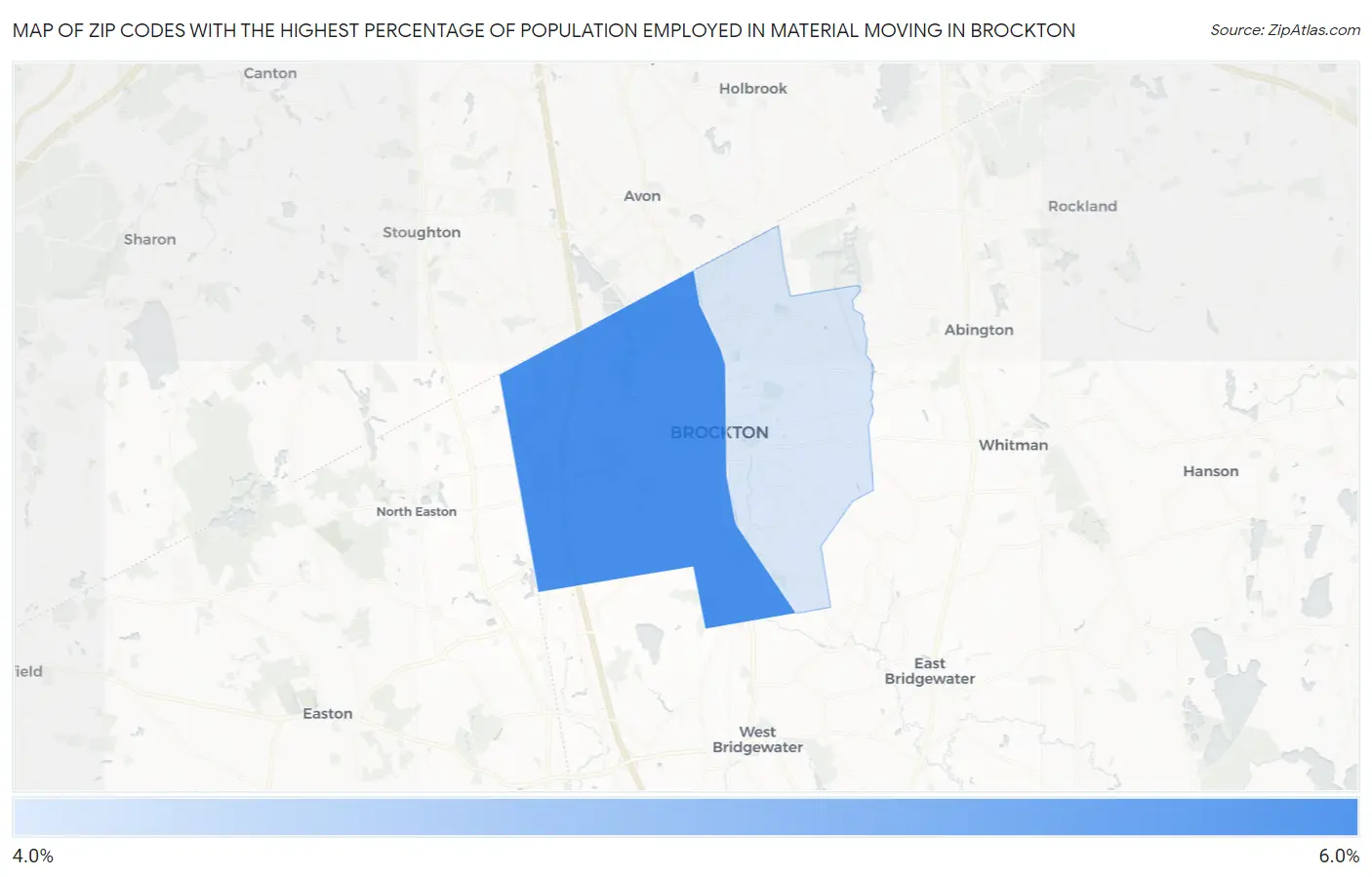 Zip Codes with the Highest Percentage of Population Employed in Material Moving in Brockton Map